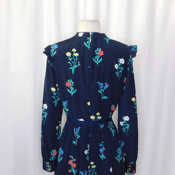 DRAPER JAMES Tisdale Navy Blue Floral Dress Tie Neck Ruffle Shoulders Size 8 - Picture 8 of 12